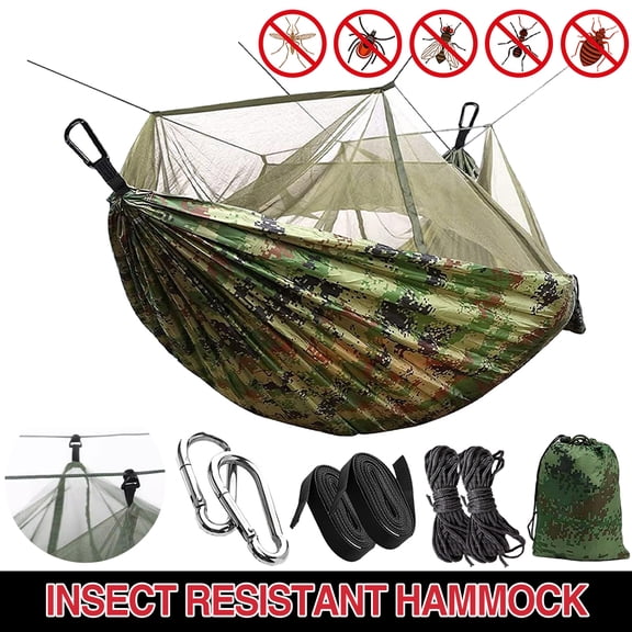 Camping Hammock with Mosquito Net, Lightweight Portable Nylon Hammock for Outdoor Backpacking Travel Beach Yard, Camouflage
