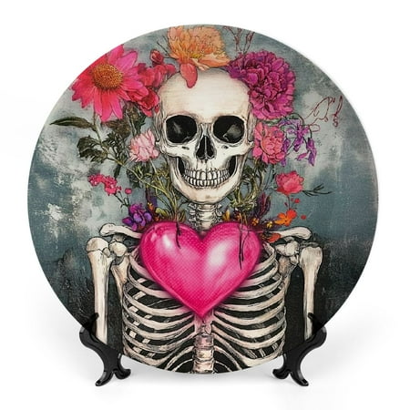 

FUMJ Bone China Decorative Plate Skeleton Heart Flowers Room Decoration 8x8inch