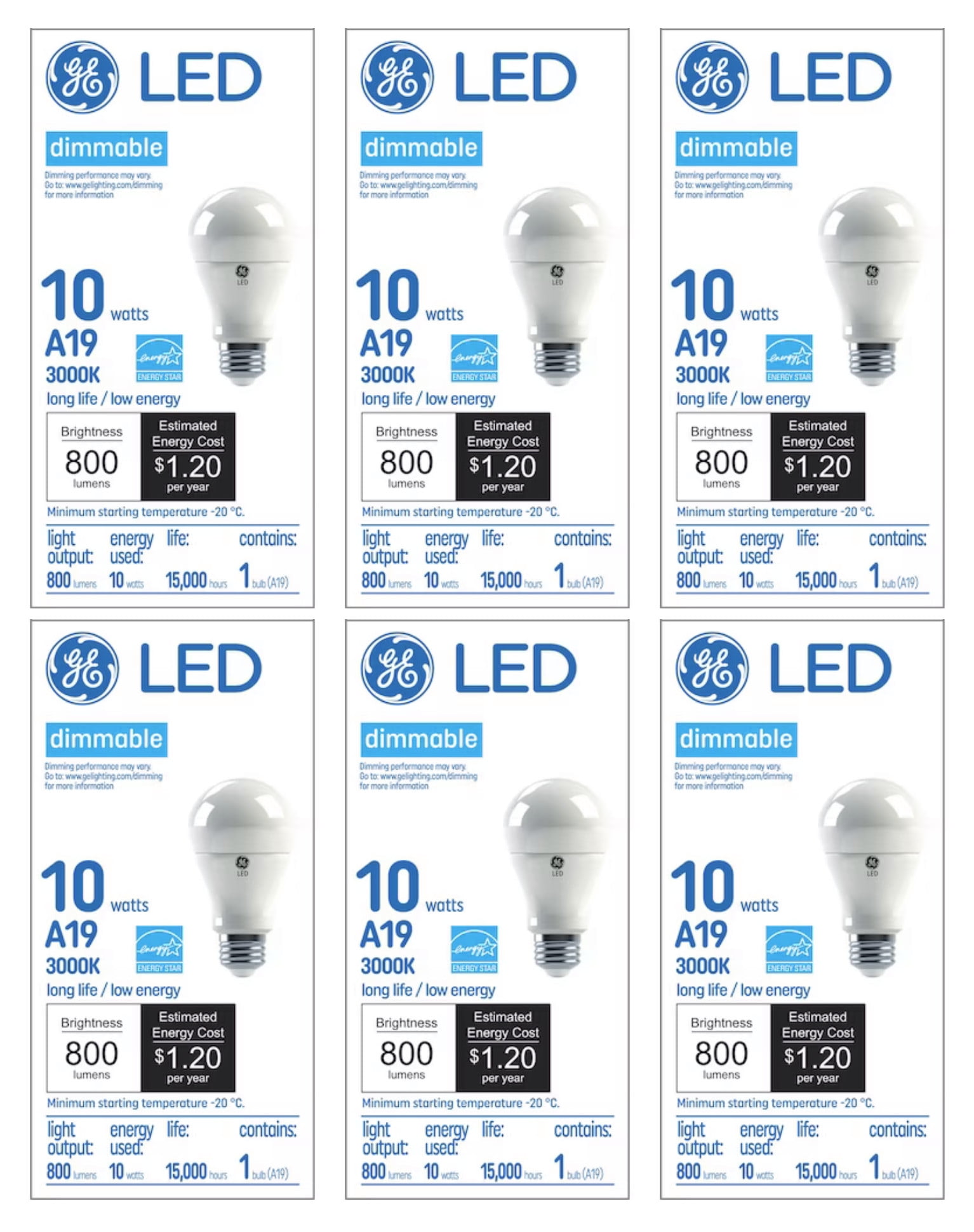 (case of 6) GE Lighting 69119 LED A19, 10 watt, warm white, medium base, dimmable LED Light Bulb, long life, low energy, high lumens
