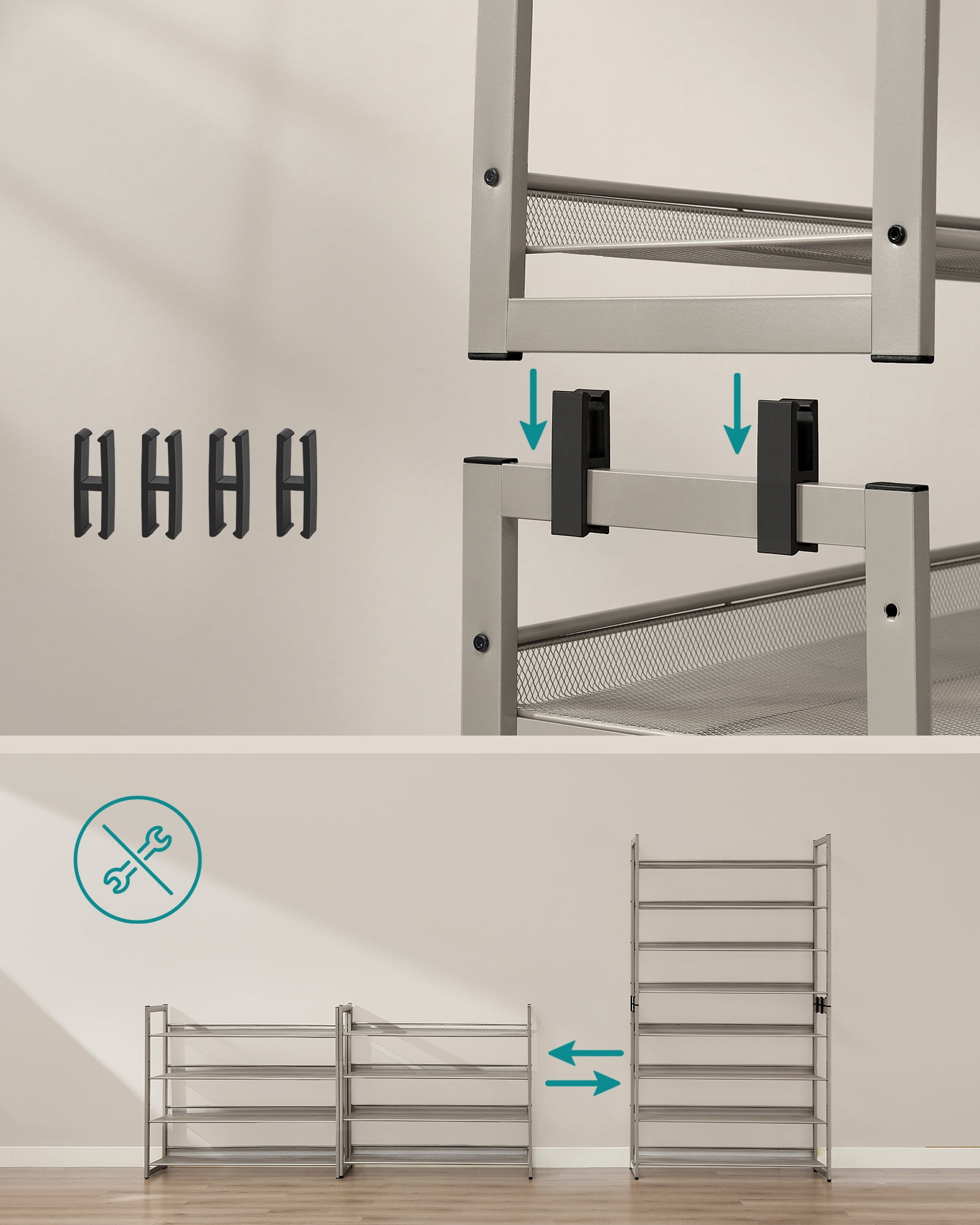 Set of 2 Metal Shoe Racks. 8 - Tier Shoe Organizers with 4 - Tier Stackable Shelves, Adjustable Flat or Angled. Holds 32 - 40 Pairs