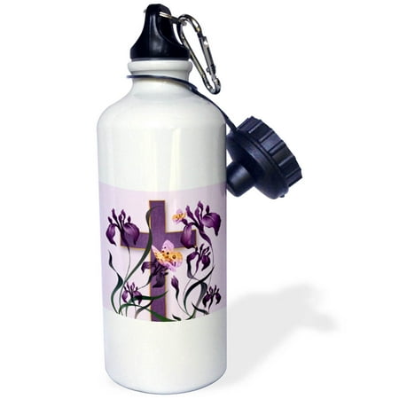 

3dRose Purple Iris Flowers with a Christian Cross and Butterflies - Water Bottle 21-ounce