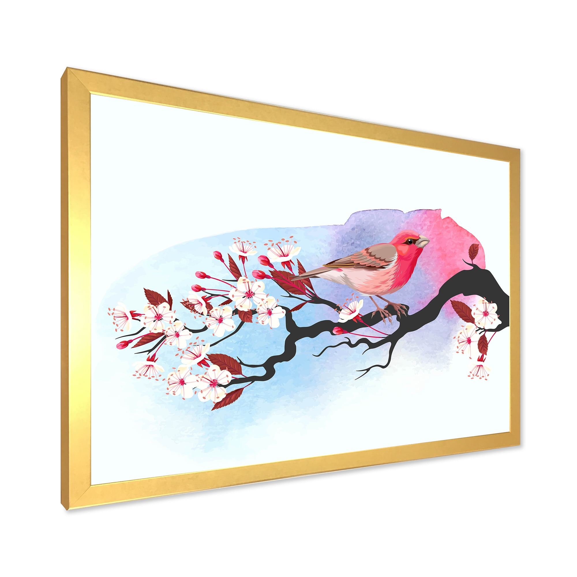 Designart 'Pink Bird Sitting On Cherry Branch' Traditional Framed Art Print