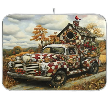 

joogoo Autumn House on Checkered Car Dish Drying Mat Kitchen Counter Absorbent Drying Pad 18x24 in Drainer Rack