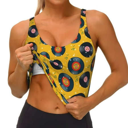 Qokaie Retro Vinyl Records Pattern Womens Scoop Neck Sports Bra Breathable Workout Vest Padded U Back Medium Impact Fitness Gym Yoga Bra Workout Crop Top