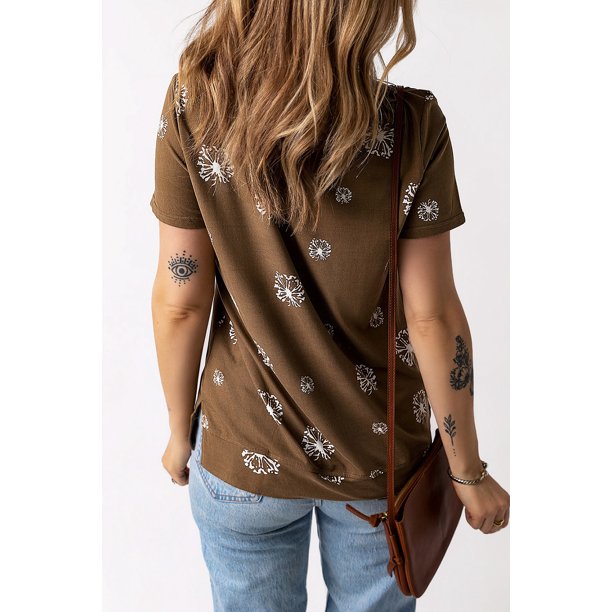 ABPHQTO Camiseta de mujer con cuello redondo y estampado de diente de león marrón