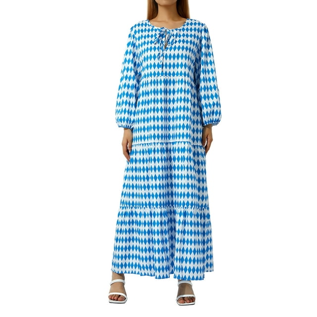 Kmbangi Robe Longue pour Femmes à Imprimé Géométrique, Col en V, Manches Longues Bouffantes, Coupe Ample, Robe Mode pour le Printemps et l'Été