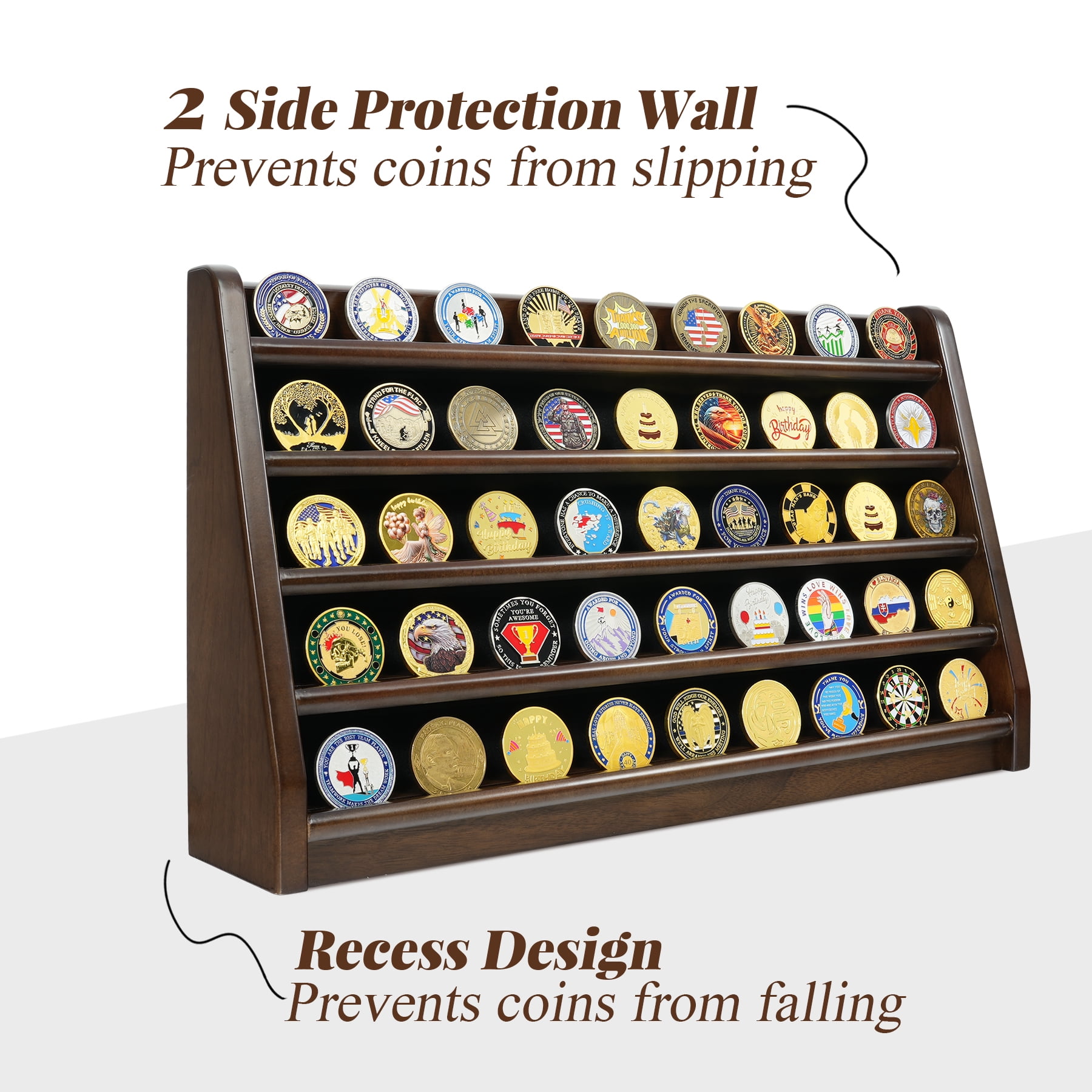 Atsknsk Challenge Coin Display Case, 5 Rows Military Wooden Holder Stand Holds 45 Coins for Wall or Desk Display, Coin Rack for Coin Collection
