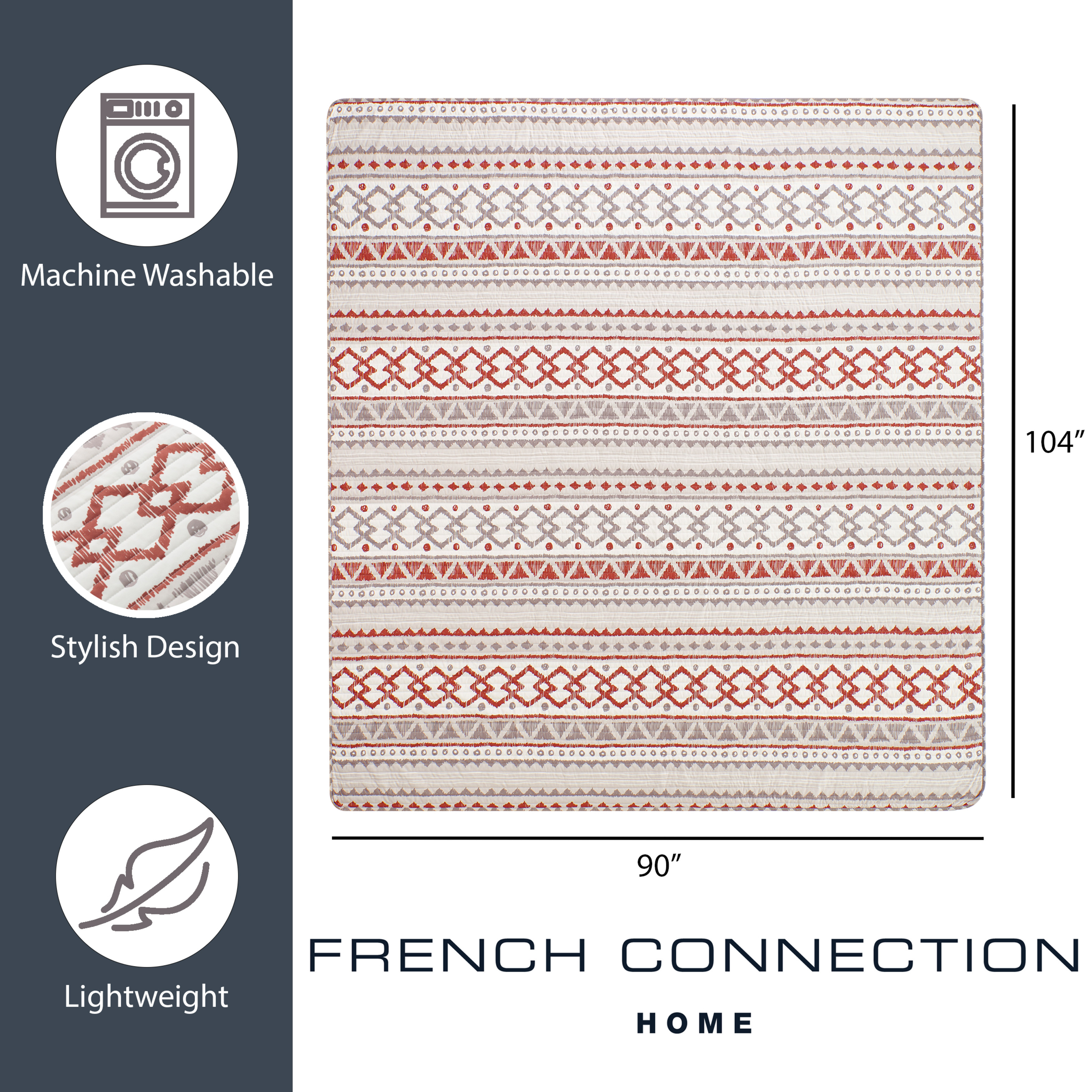 Bedding 3-piece Quilt Set, Natural/Rust, King, Adair by French Connection