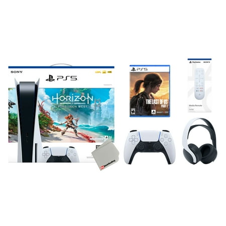 Sony Playstation 5 Disc Horizon Forbidden West Bundle with Extra Glacier White Controller, White PULSE 3D Headset, The Last of Us Part I and Remote