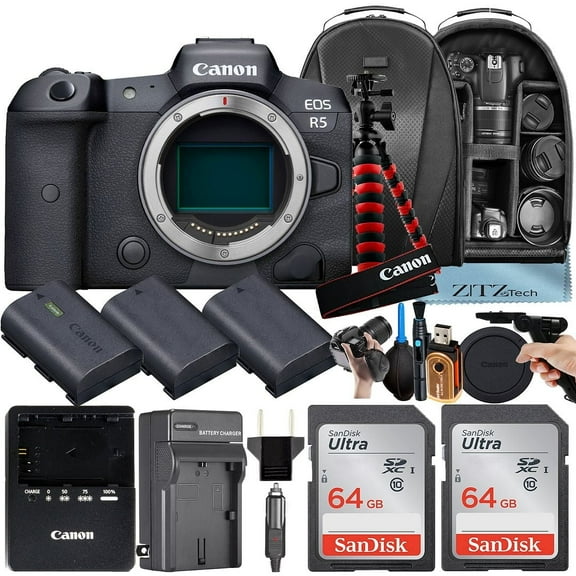 Canon EOS R5 Mirrorless Camera (Body Only) with 2 Pack 64GB SanDisk Memory Card   3 Pieces Battery   Backpack   Tripod   ZeeTech Accessory Bundle