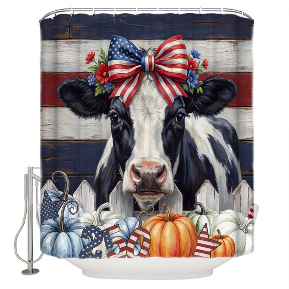Blue Red Fall Bathroom Shower Curtains with 12 Hooks Polyester Waterproof Shower Curtain for Stalls and Bathtubs American Flag Wooden Pumpkins Decorative Bathroom Privacy Curtain 72x72 Inches