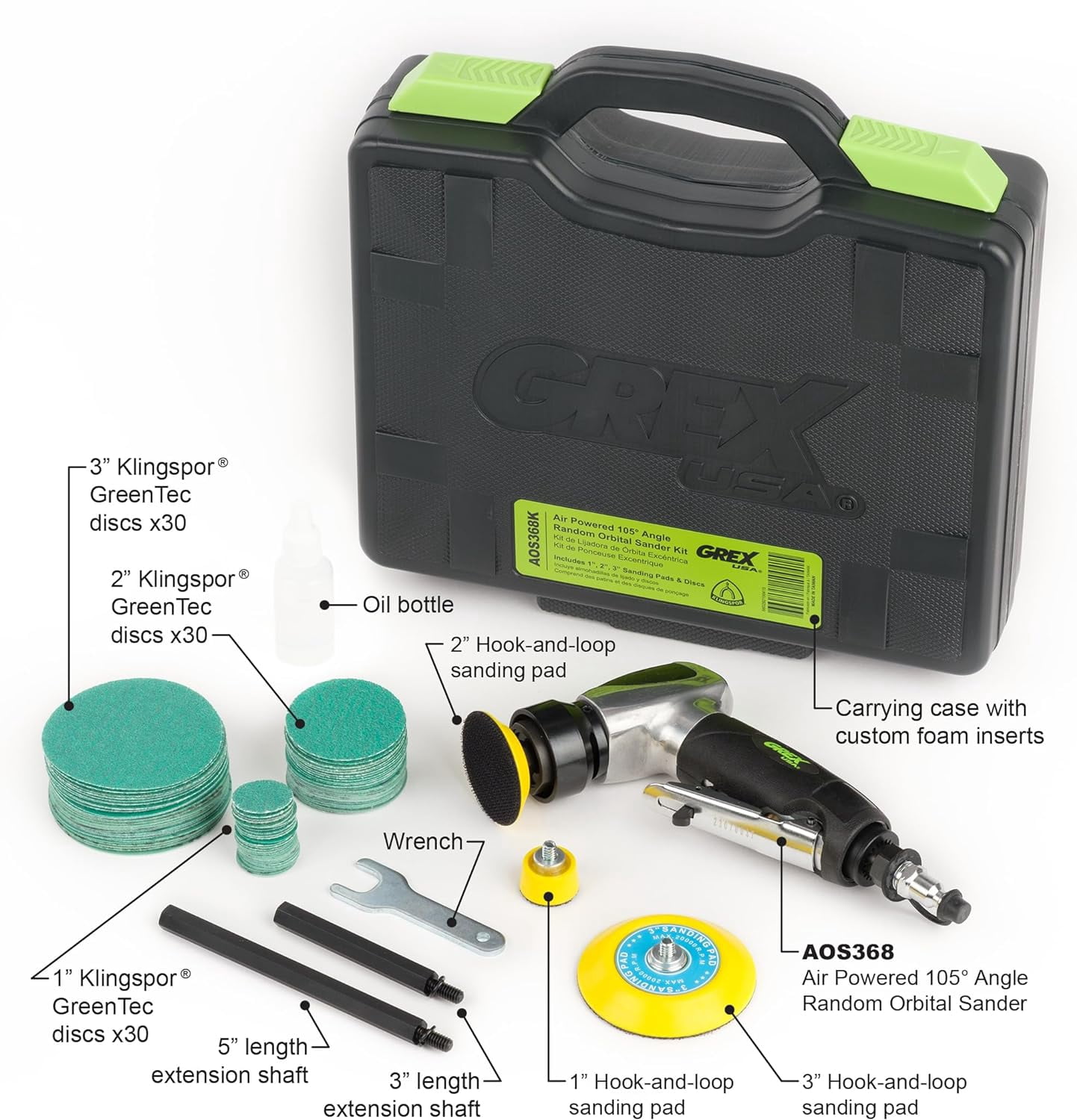 Grex Air Powered 105 Deg. Angle Random Orbital Sander Kit