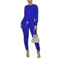 thumbnail image 4 of Ensemble de Manches Longues Solides Fluorescentes pour Femmes, Haut Classique à Col Rond, Pantalon d'Exercice Plissé à Coupe Slim, 4 of 5
