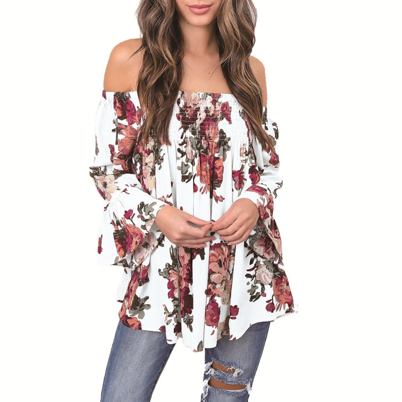 Omvendt serviet solidaritet Egmy Women Floral Printing Tops Off Shoulder Flare Sleeve Shirt Blouse -  Walmart.com