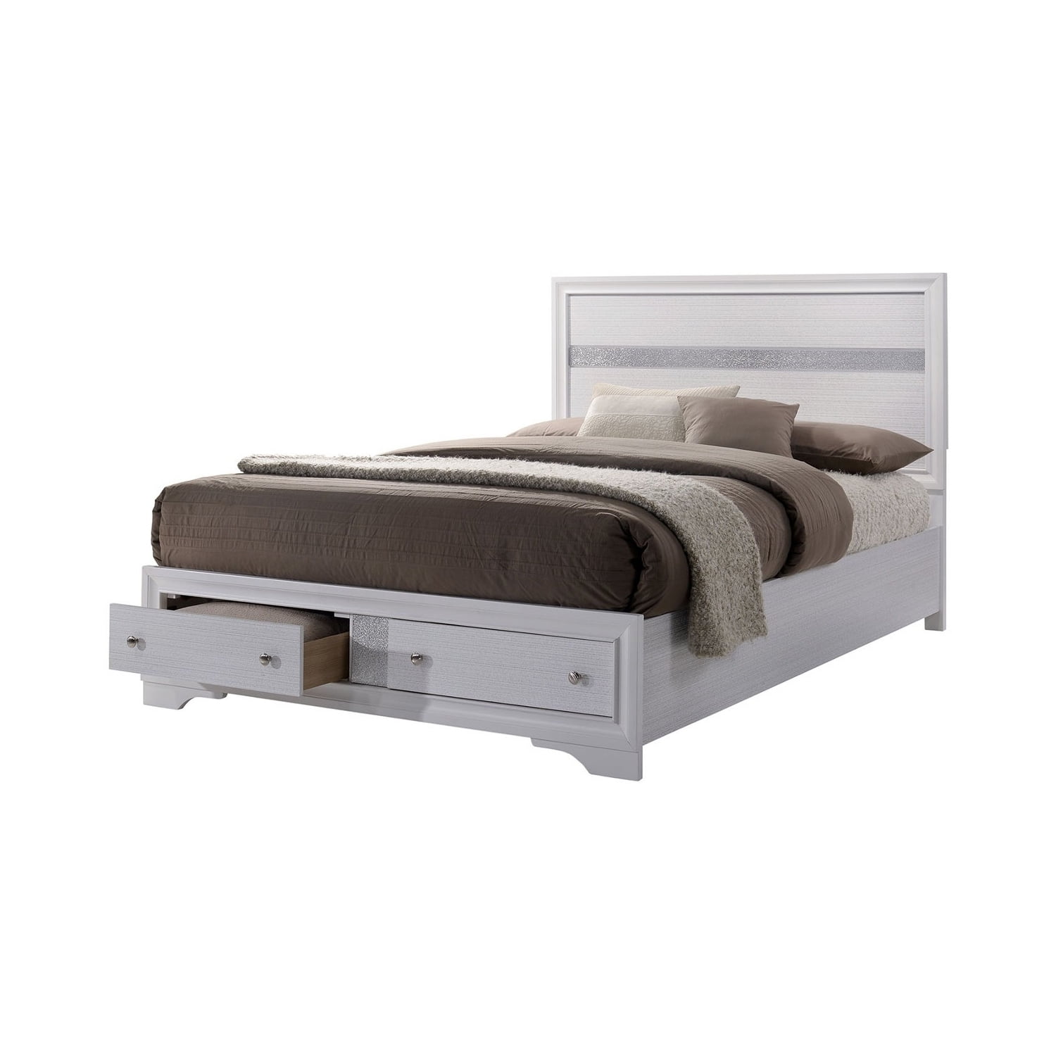 Benzara Solid Wood Eastern King Bed with 2 Storage Drawers in White