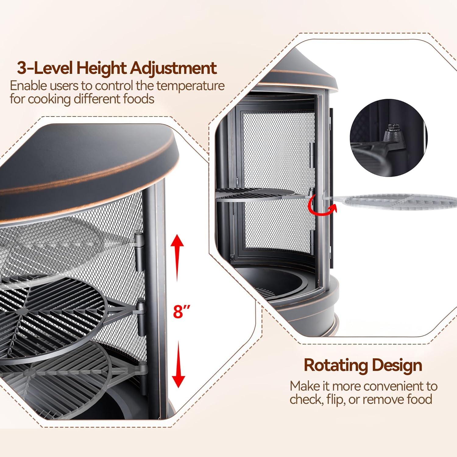 ASJMR Fire Pits for Outside Wood Burning, 2 Grills, Smokeless Structure,3-Sided Openable Metal Mesh for Patio, Picnic, Party