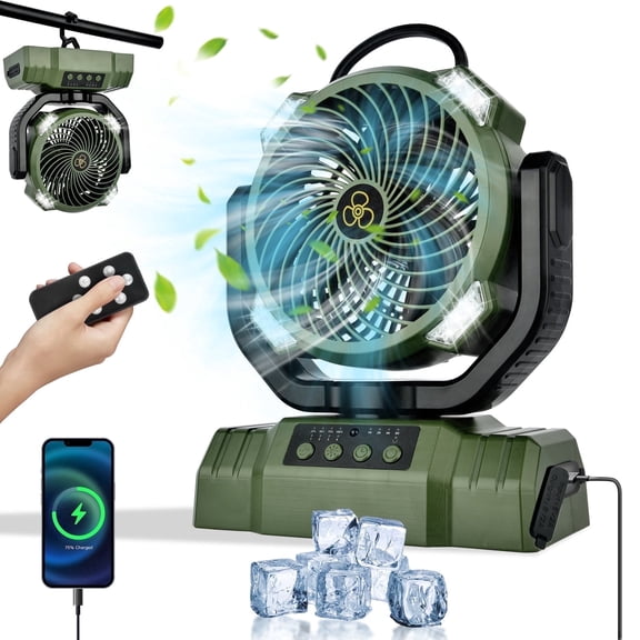Powered Camping Fan, Portable Rechargeable Tent Fan with 3-Level LED Light, Hanging Hook, Remote Control, 4 Speeds & 4 Timers, Quiet Tent Fan with 10000mAh Battery for Outdoor Travel