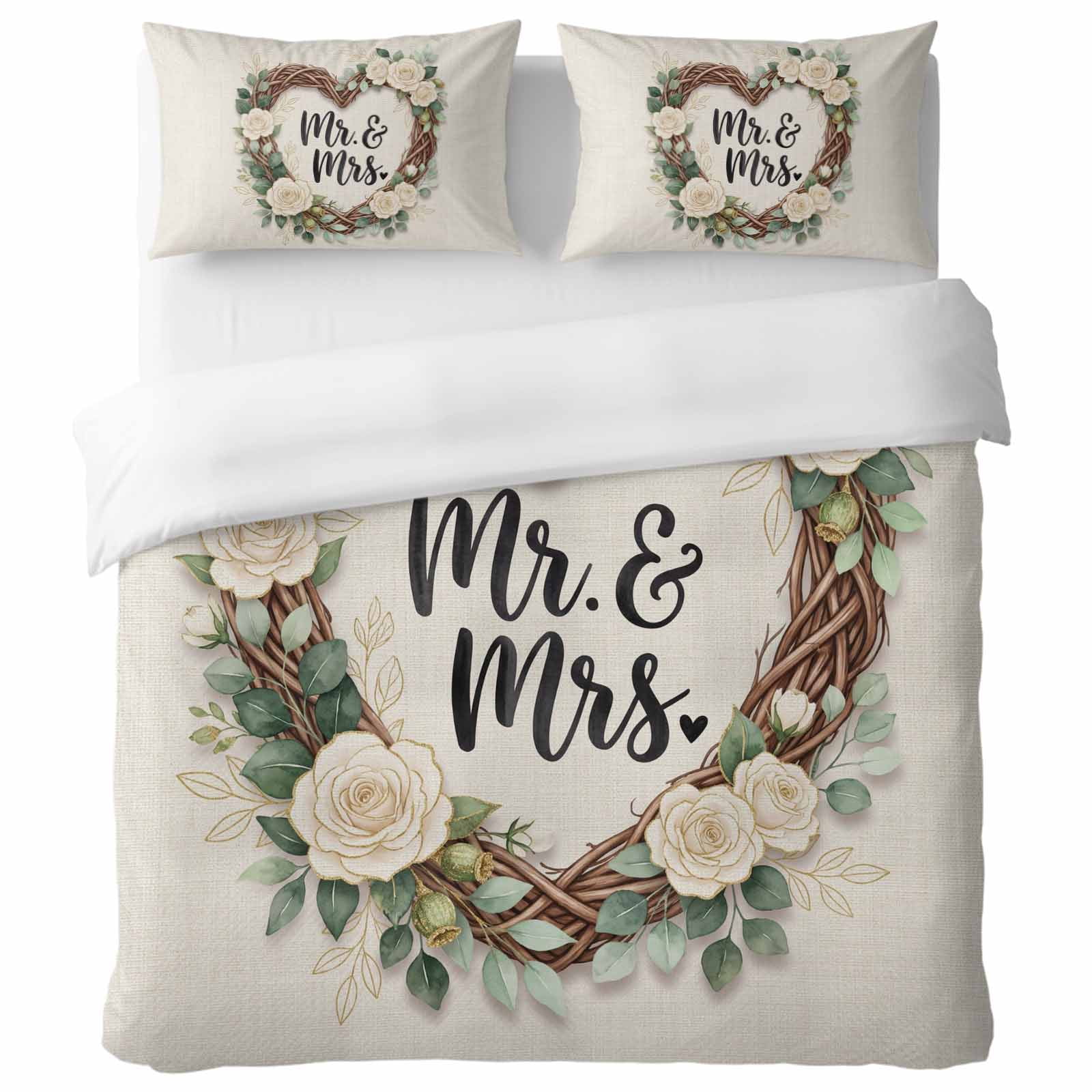 Floral Love Heart Wreath Twin Duvet Cover Set Anniversary Rose Mr Mrs Romantic Decorative 3 Piece Bedding Set with Zipper Closure Soft Breathable Microfiber Comforter Cover & 2 Pillowcases