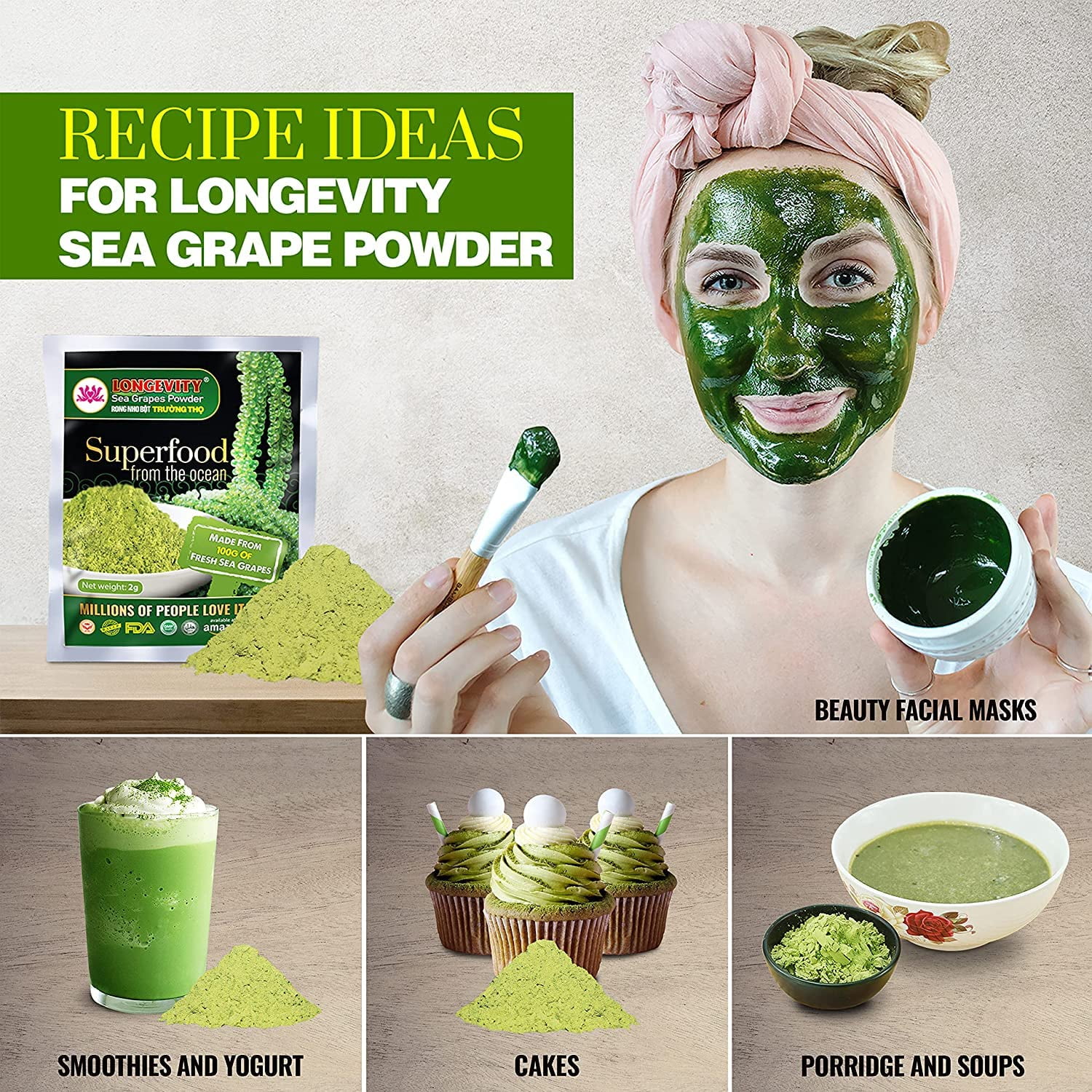 Longevity Dehydrated Sea Grapes, 4.23 oz of 6 packs, - Umibudo Green Caviar, Lato Seaweed, Precious Gift From The Sea | Enhance Health, Boosting Immune System.