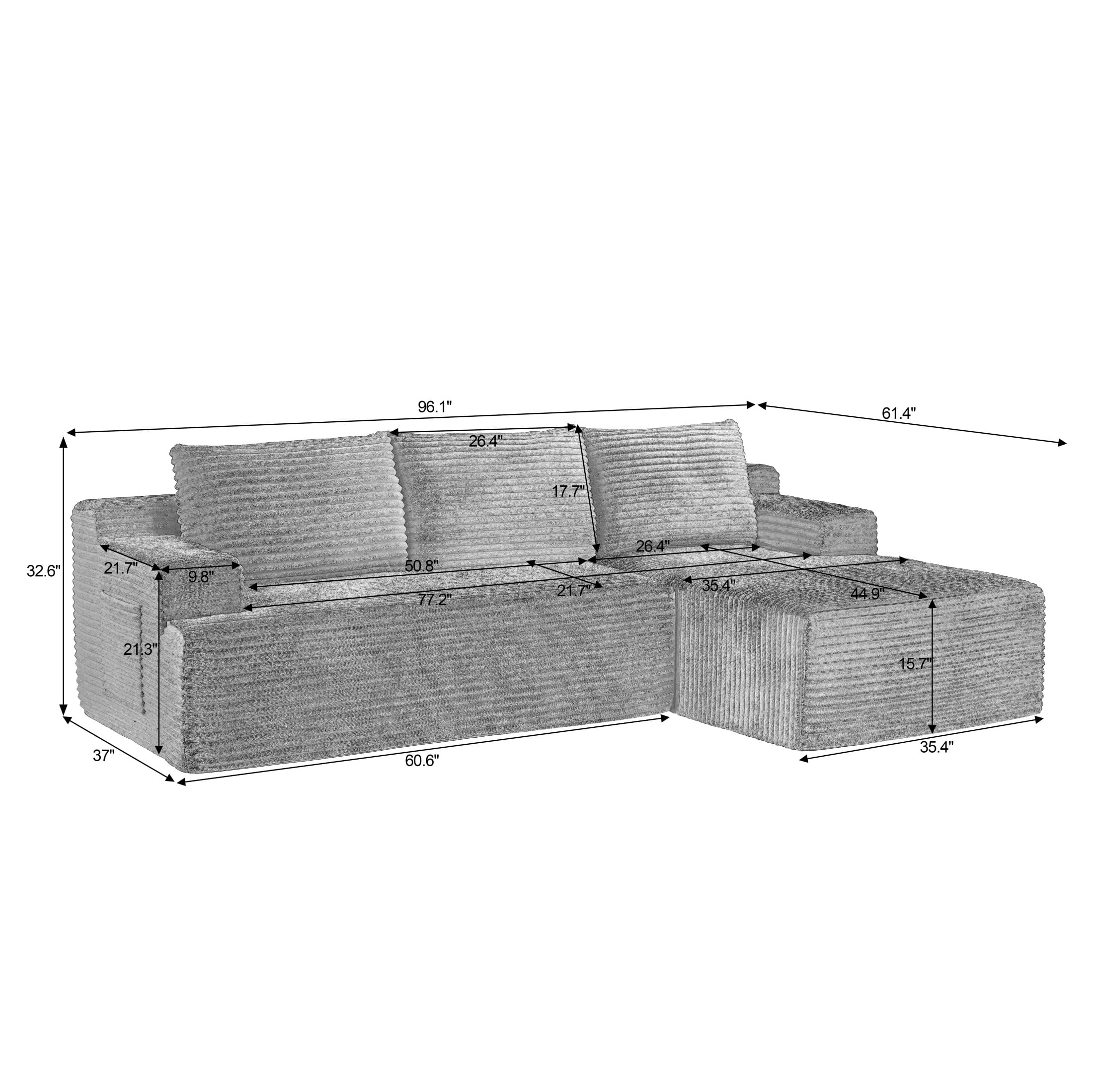 Aukfa 96" L-Shaped Cloud Sectional Sofa, Modular Boneless Couch with Deep Seat, Right-Facing Chaise, Corduroy Sleeper Sofa for Living Room, Camel