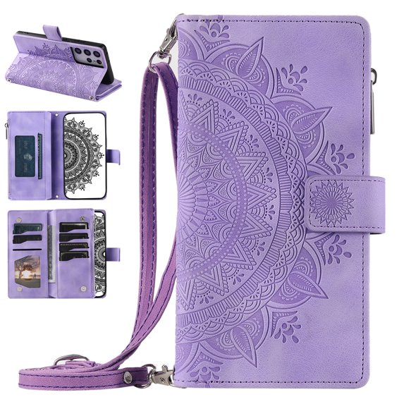 Nalacover for Samsung Galaxy S21 Ultra Embossed Floral Pattern PU Leather Crossbody Case with Shoulder Strap,Shockproof Magnetic Flip Kickstand Credit Card Slots Zipper Pocket Wallet Phone Case,Purple