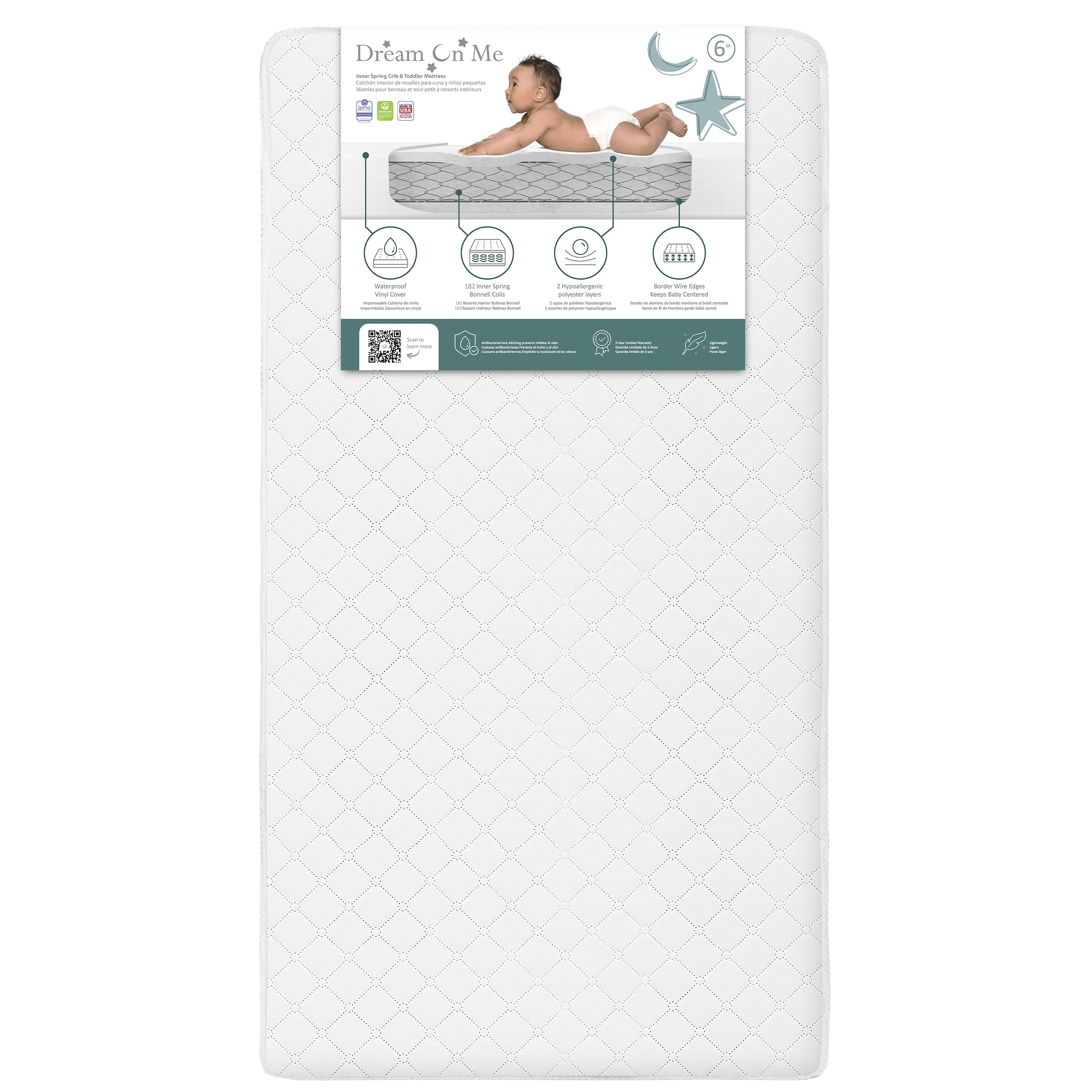 Dream On Me Snug Support Crib and Toddler Mattress, White