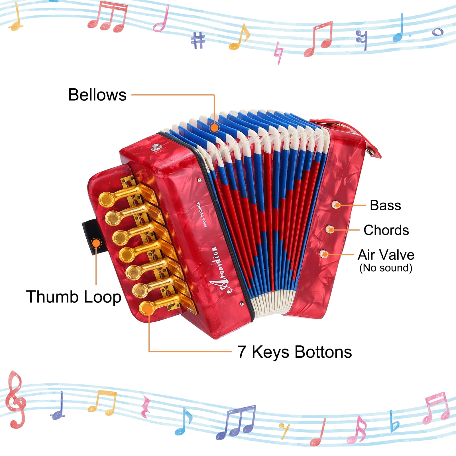 Uxcell Accordion, 10 Keys Bass Button Accordion Mini Musical Instrument Lightweight for Children Beginners Educational, Red