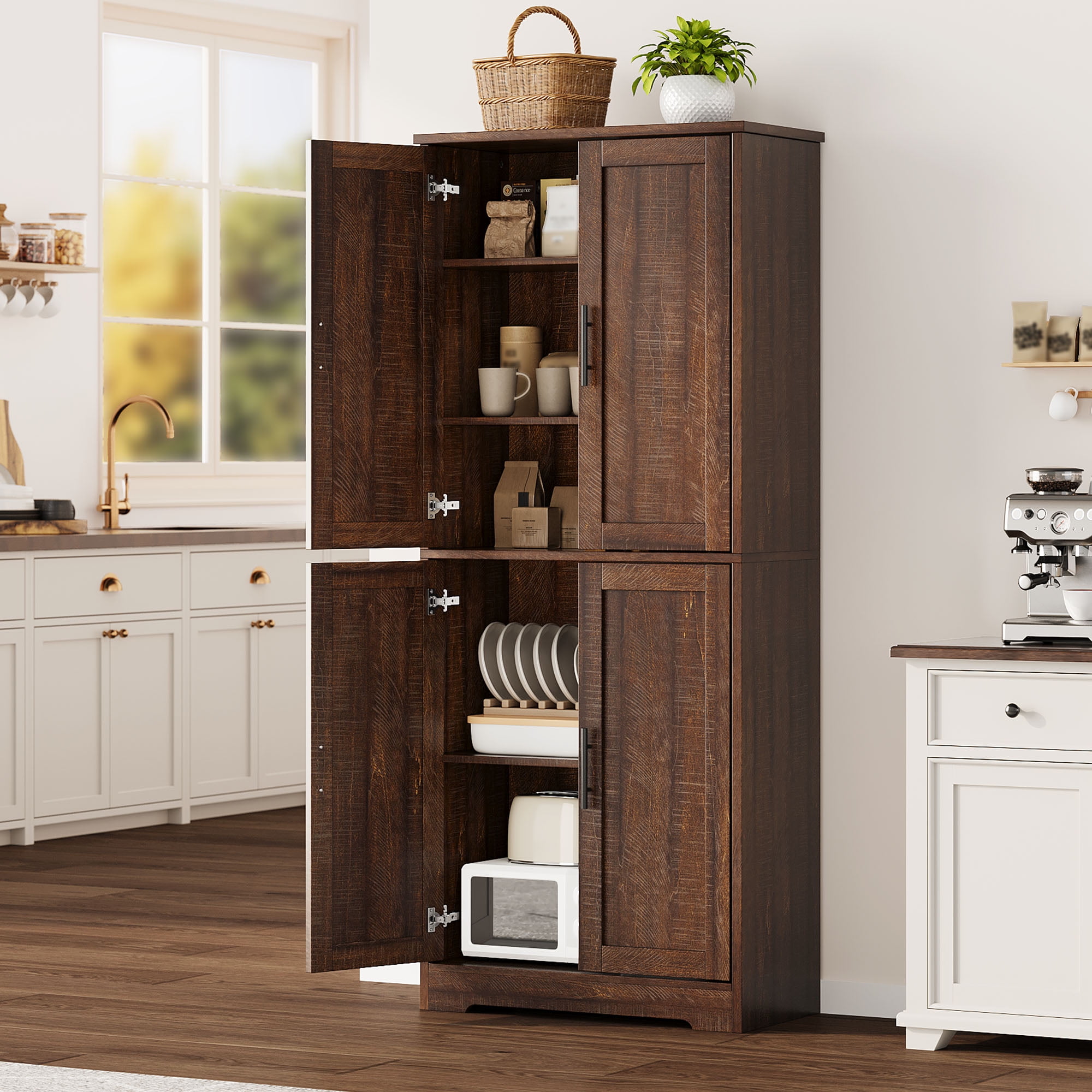 70 Inch Tall Pantry Cabinet - 4-Door Freestanding Storage with Adjustable Shelves, brown Red