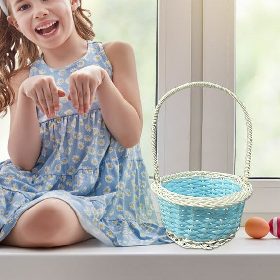 Easter Plastic Rattan Woven Egg Basket Blue,Mini Easter Baskets for Crafts Decor Mini Rattan Picnic Basket k-ids Easter Baskets Empty Plastic Easter Basket for Easter Egg Hunt
