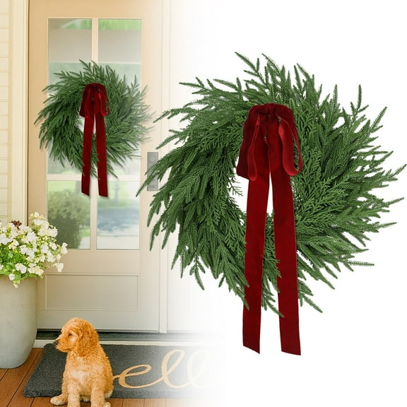 15" Norfolk Pine & Cedar Artificial Christmas Wreath | Faux Green Wreath with Red Velvet Bow | Indoor/Outdoor Decor for Front Door, Wall, Window, Mantel