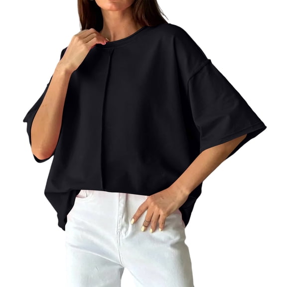 Iyufng Womens Crew Neck T-Shirt Front Vertical Seam Drop Shoulder Oversized Short Sleeve Loose Solid Casual Daily Top