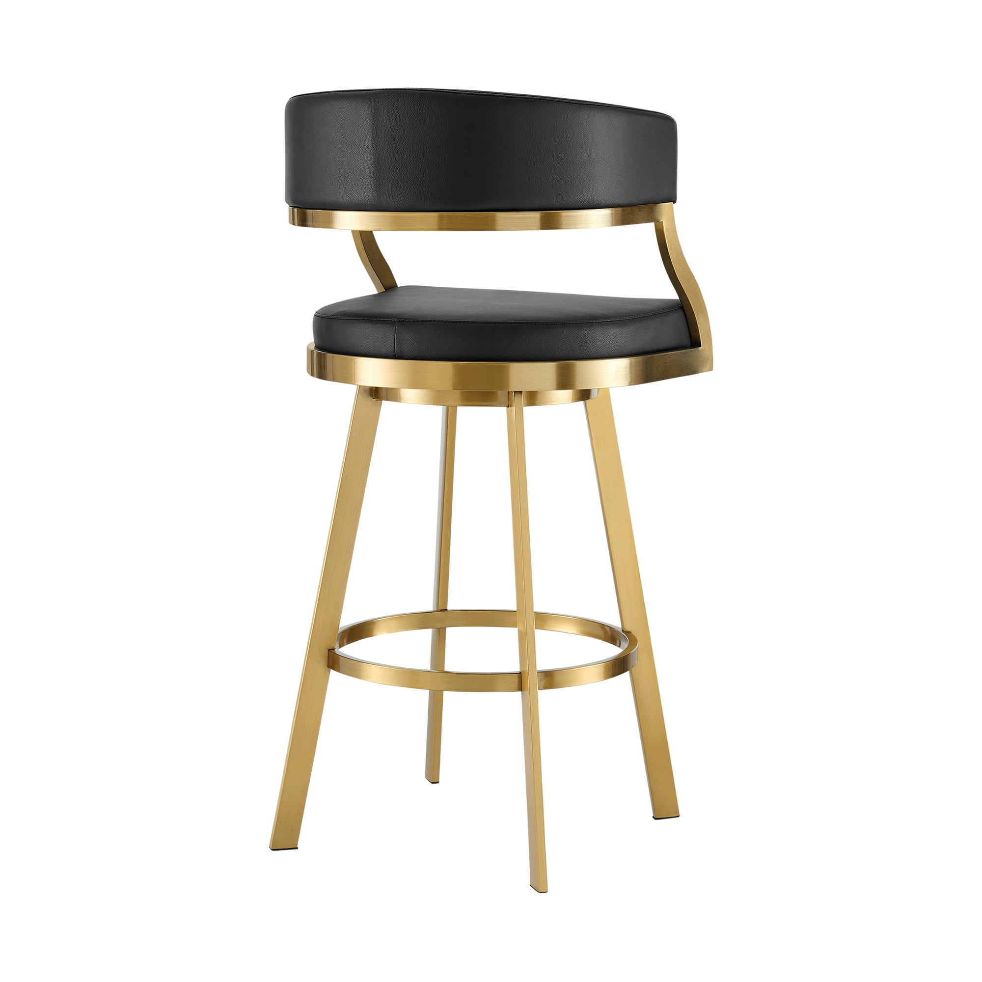 Saturn 26" Swivel Counter Stool with Gold Brushed Stainless Steel and Black Faux Leather