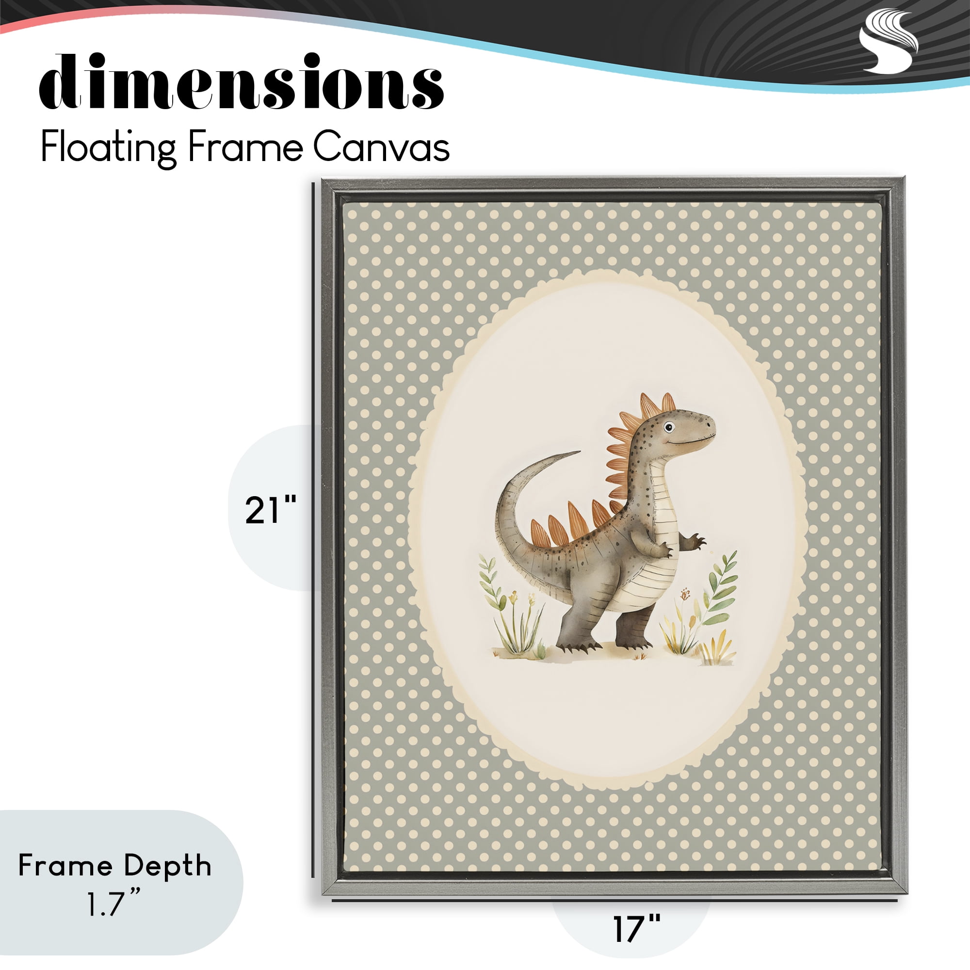 Stupell Industries Watercolor Dinosaur Polka Dot Border Gray Framed Floater Canvas Wall Art, design by LSR Design Studio