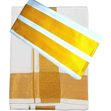Stylesindia Cotton Single Layer Colored Dhoti 1.8 Meters Length Lungi Sarong with Resham/Zari Designer Border Angavastram (White)