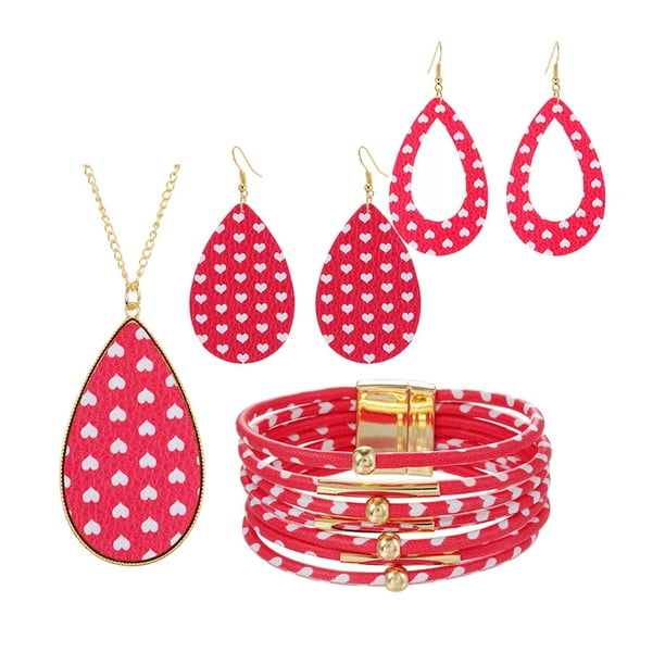 Conjunto de joyas para mujer de San Valentín, collar, pendientes, pulsera multicapa Rojo