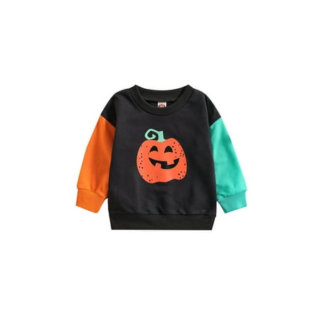 

Seyurigaoka Kids Girl Halloween Sweatshirt Pumpkin Print Pullover Color Matching Sweater Long Sleeve Loose Casual Style Holiday Jumper Clothing