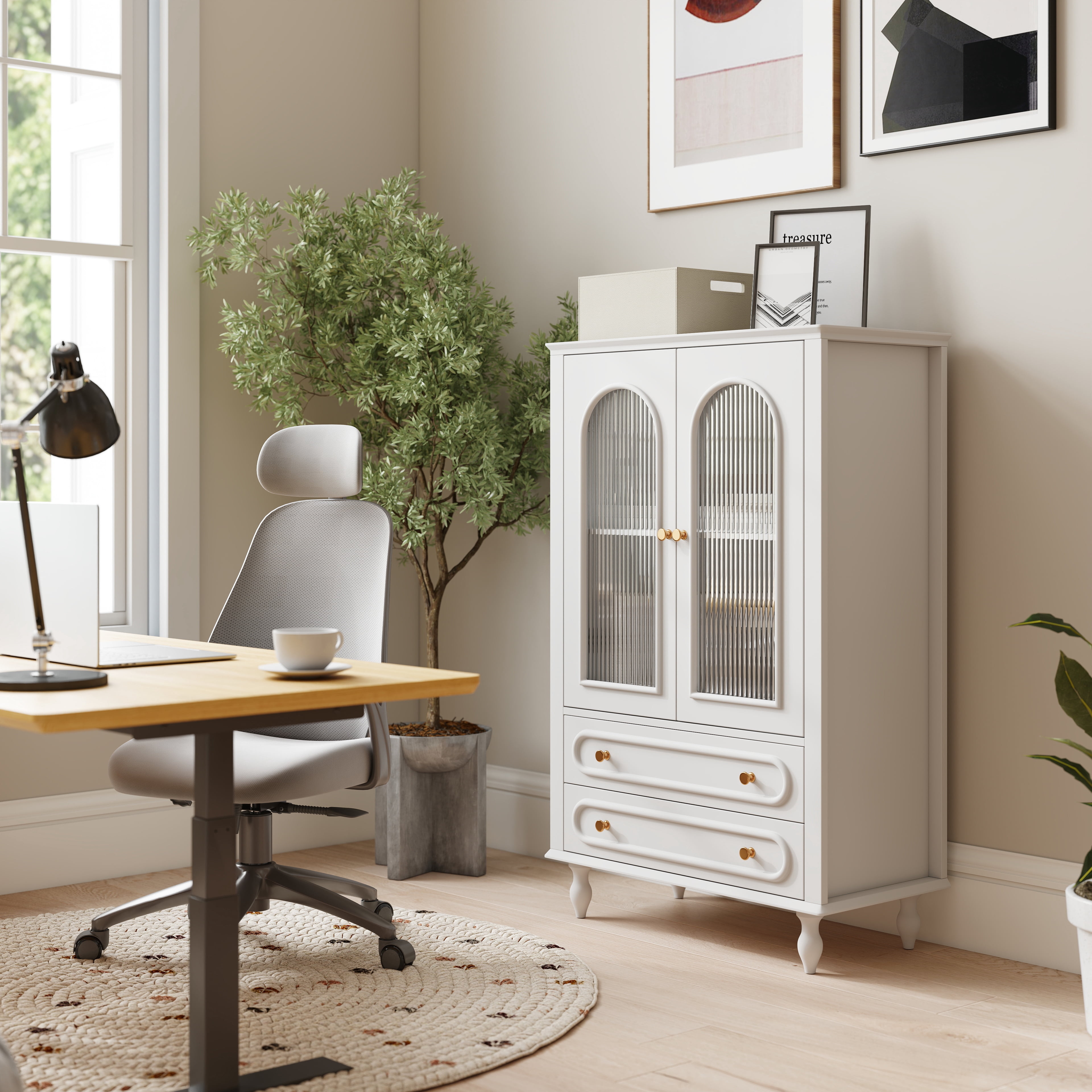 46.5''H Kitchen Buffet Sideboard Cabinet,Farmhouse Glass Display Cabinet with 2 Drawers & Adjustable Shelf,Freestanding Accent Cabinet for Living Room Dining Room,Navy White
