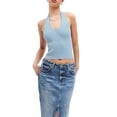 thumbnail image 1 of Opperiaya Women's Summer Knit Cami Tops Solid Color V Neck Backless Halter Neck Ribbed Crop Tops, 1 of 6