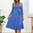thumbnail image 5 of WTOBBY Women's Solid Color Belted Round Neck 3/4 Sleeve Dress, Minimalist Midi Sundress with Casual Elegance for Everyday Wear,Blue L, 5 of 5