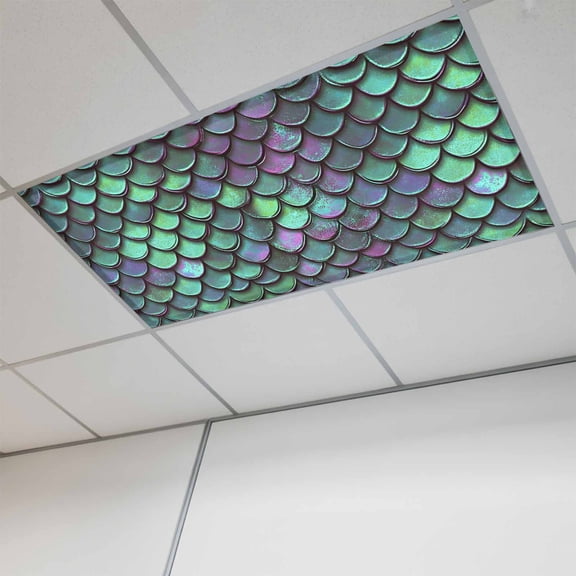 Coastal Teal Green Fluorescent Light Covers, Modern Ocean Mermaid Scales Magnetic Light Covers for Ceiling Lights, Fluorescent Ceiling Shade Filters for Classroom Bedroom Office 4x2Ft x 1PCS