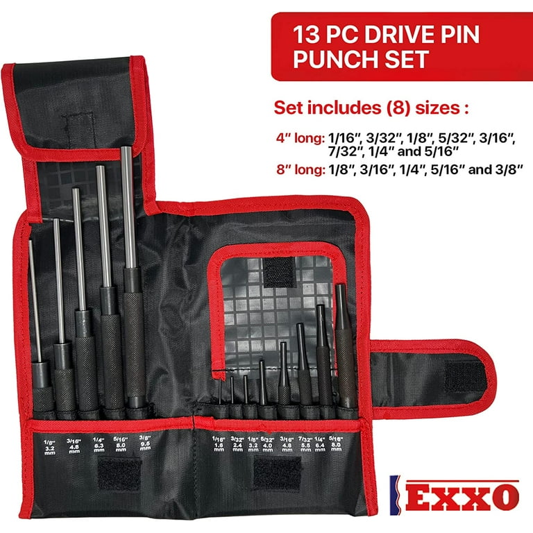EXXO TOOLS Pin Punch Set - 13 Piece Drive Pin Set Punch Tool Mini Tool Kit  Hole Puncher Sets Roll Pin Punch Set with Holder Case Punch Set Tools
