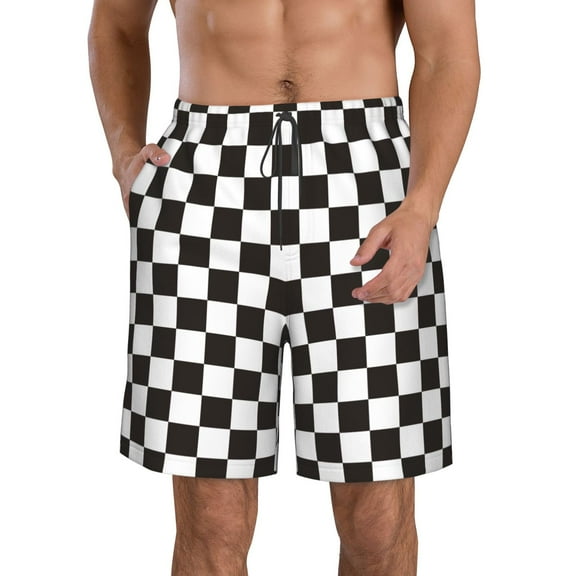 Kdxio Black and White Checkerboard Pattern Mens Casual Shorts - Drawstring Summer Beach Sports Shorts for Men