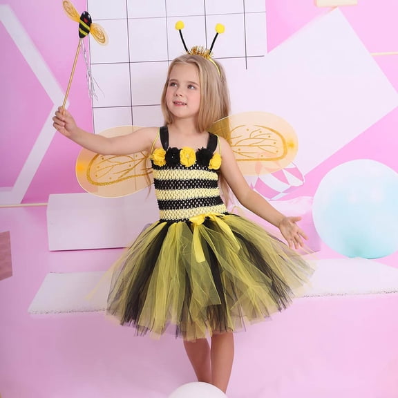 Odeerbi Kids Girls 4PCS Bee Dress Up Outfit Flower Tulle Tutu Dress with Wing Headband Wand Set