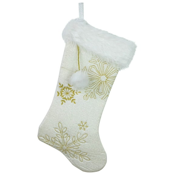 Northlight 20" Cream with Gold Snowflakes Christmas Stocking with Faux Fur Cuff