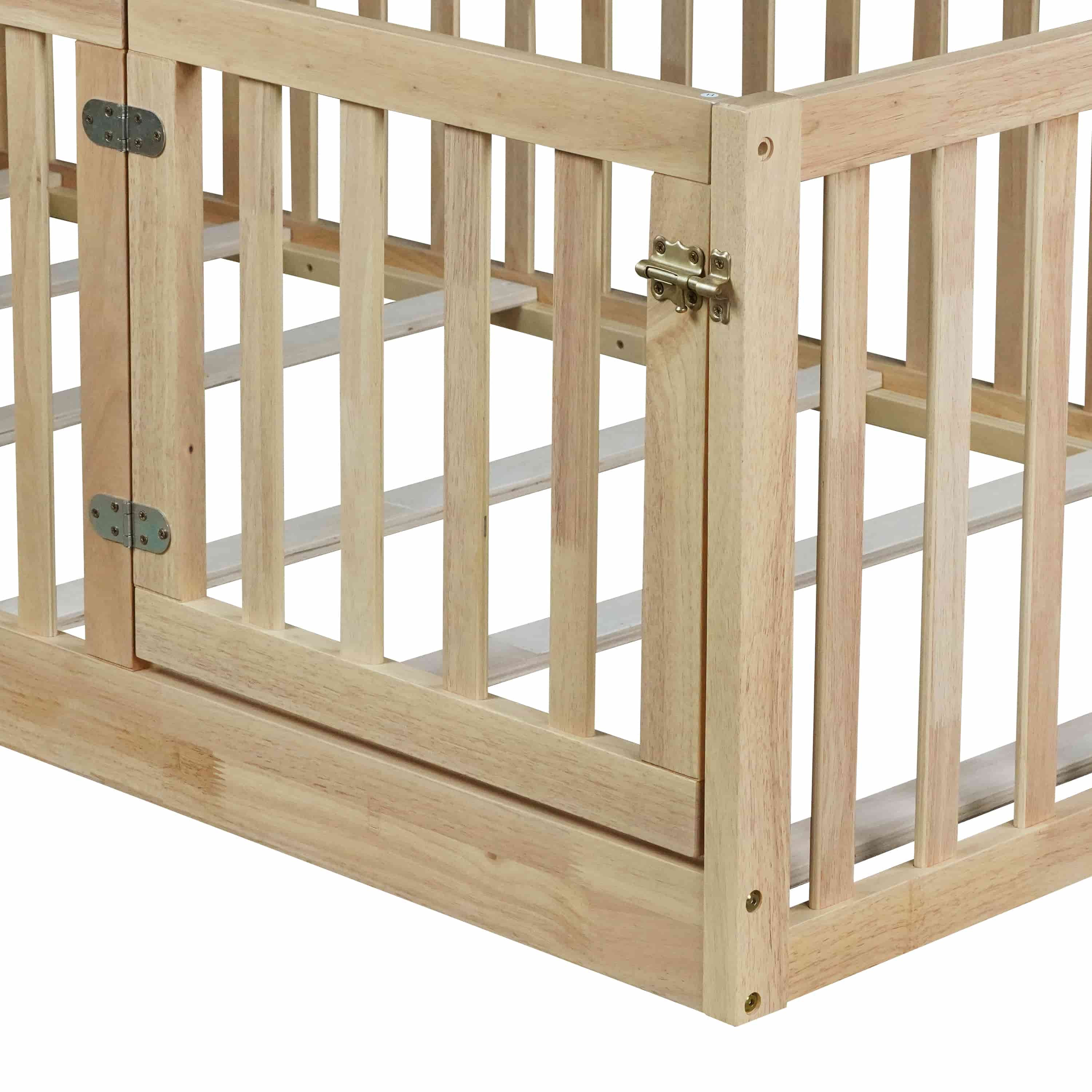 UHOMEPRO Twin Floor Bed with High Fence & Door, Montessori Floor Bed with 21.5" Safety Guardrails, Solid Wood Twin Beds Frame for Kids Girls, Boys, with Slats, Natural