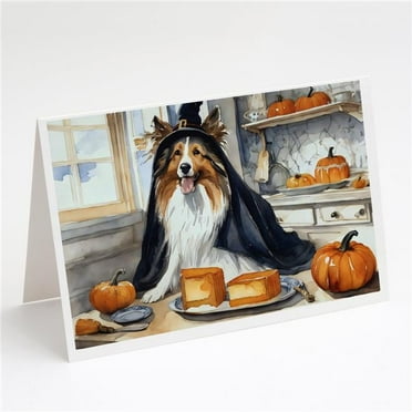 Sheltie Fall Kitchen Pumpkins Greeting Cards and Envelopes Pack of 8 7 in x 5 in