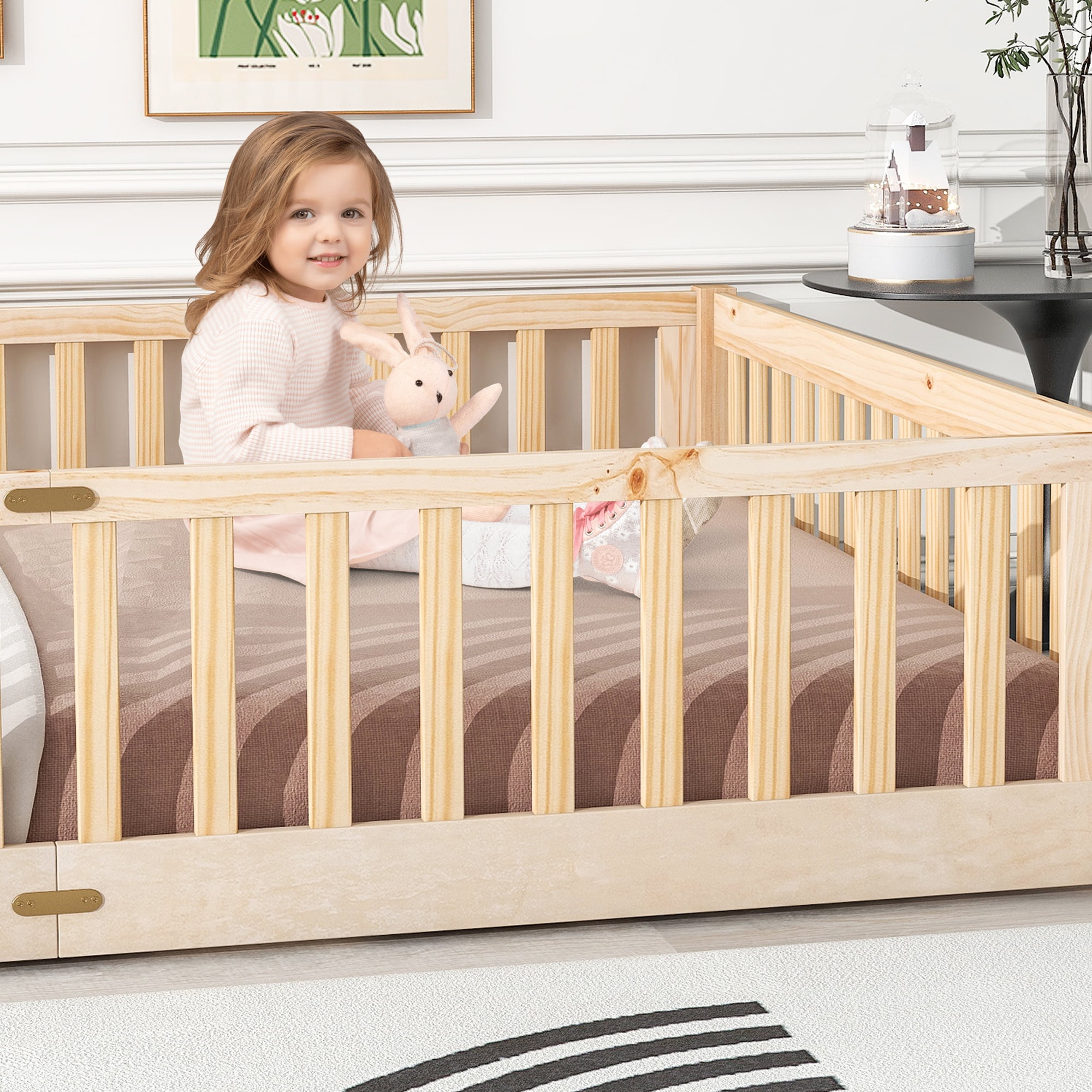 UHOMEPRO Queen Size Floor Bed with Door and Fence for Kids, Toddler Bed Montessori Floor Bed with Slats and Safety Guardrails, Solid Wood Queen Bed Frame for Girls Boys Kids Bedroom, Natural