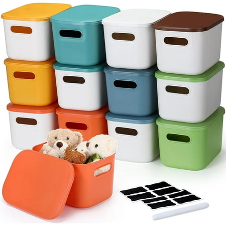 12 Pack 7 Quarts Plastic Storage Bins for Storage with Lids Handles Colorful Stackable Desktop Box Bins with Label for Shelf Drawer,10 x 7 x 6 Inch (Stylish Color)