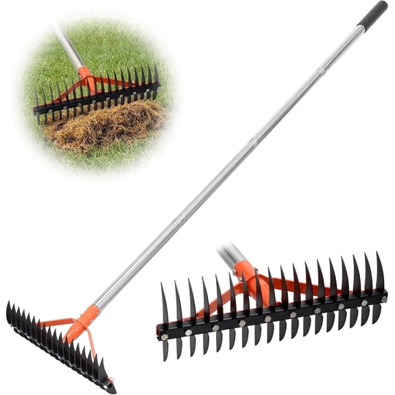 CKLT 15-Inch Dual-Sided Thatch Rake, 18 Tempered Spring Steel Tines Dethatcher with 62.5" Adjustable Stainless Steel Handle