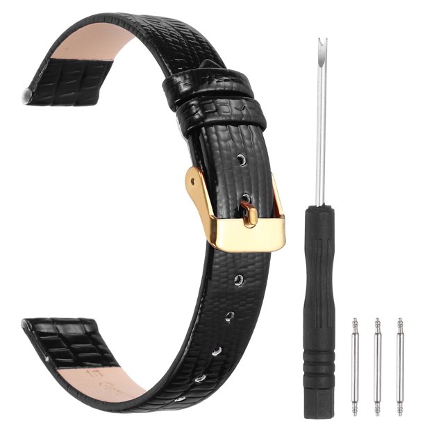 Correa de reloj Uxcell de 16 mm de ancho, correas suaves de liberación rápida, patrón de lagarto con hebilla dorada de acero inoxidable para hombres y mujeres, negra